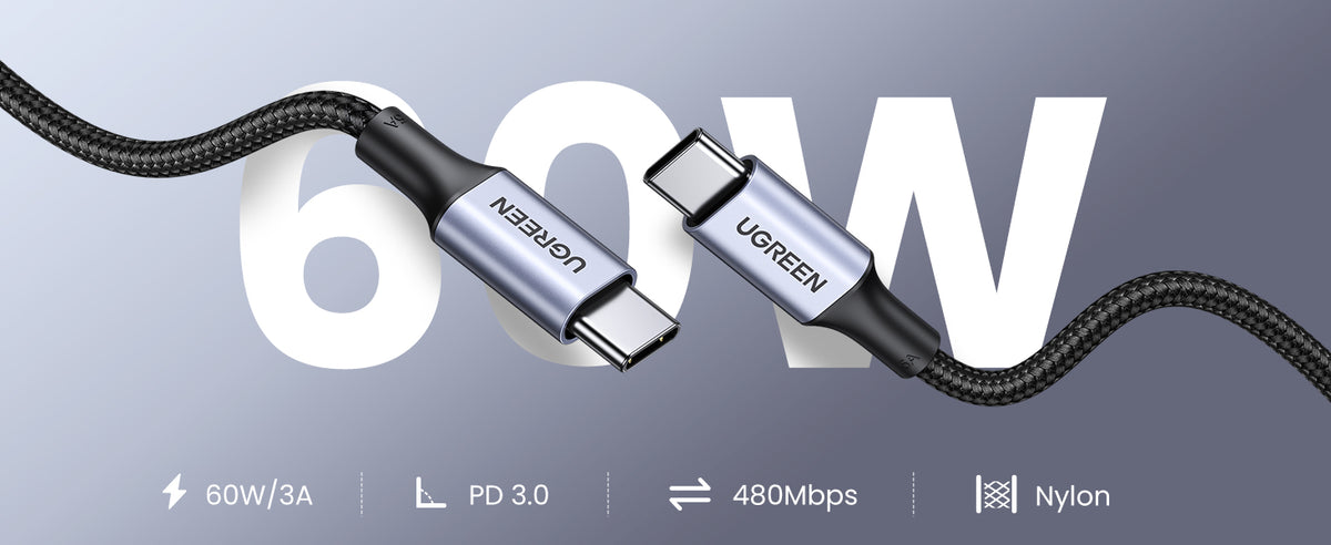 Cable USB-C a USB-C | 1 Metro (3.28 Pies) | Transferencia de Datos de 480 Mbps | Carga Rápida de Hasta 60W | QC 4.0/3.0/2.0 | PD3.0 | FPC | AFC |