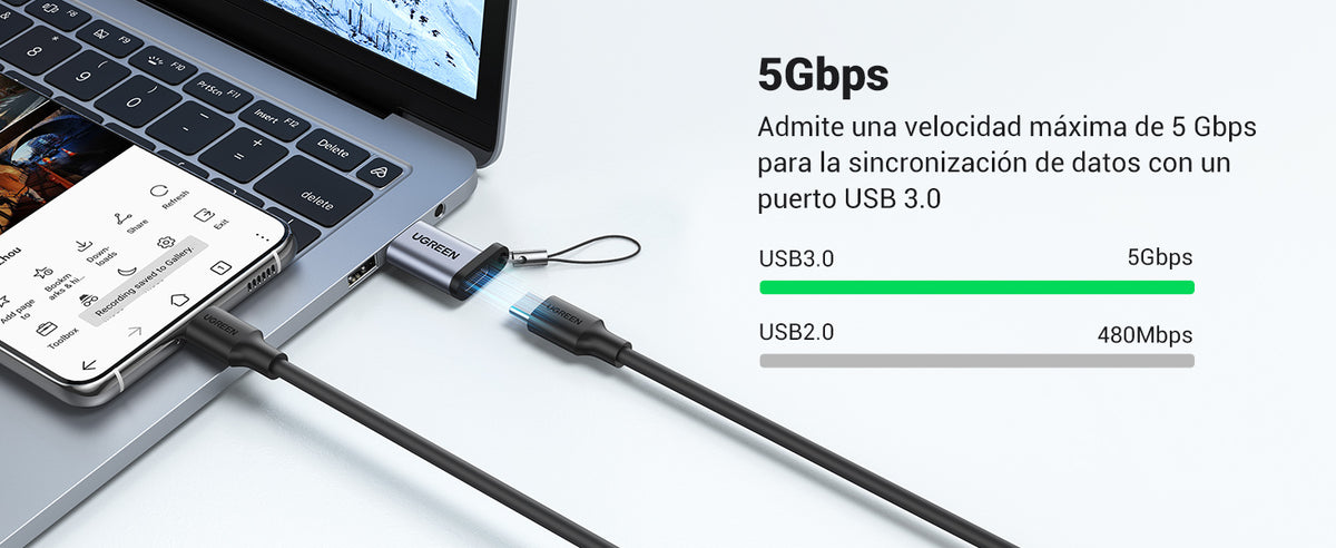 Adaptador USB 3.0 Macho a USB-C 3.1 Tipo C Hembra |Carga y Sincronización de Datos | Admite Corriente de 3A | Transferencia de hasta 5 Gbps | Amplia