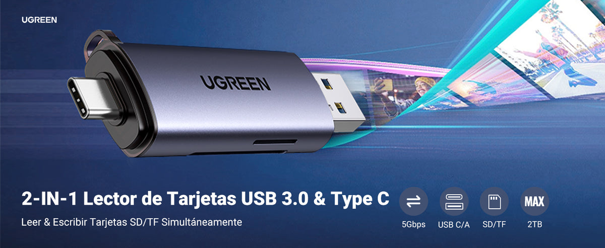 Lector de Tarjetas USB-C + USB-A a MicroSD (TF)/SD | OTG | USB-C 3.1 | 5Gbps | Soporta hasta 2TB | Soporta Windows/Mac OS/Linux/Android | Lectura de
