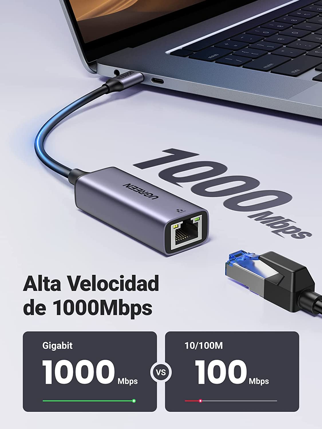 Adaptador de Red USB-C 3.1 (5 Gbps) a RJ45 | Thunderbolt 3 | Admite 10/100/1000 Mbps | Chip Inteligente | Amplia Compatibilidad | Caja de Aluminio |