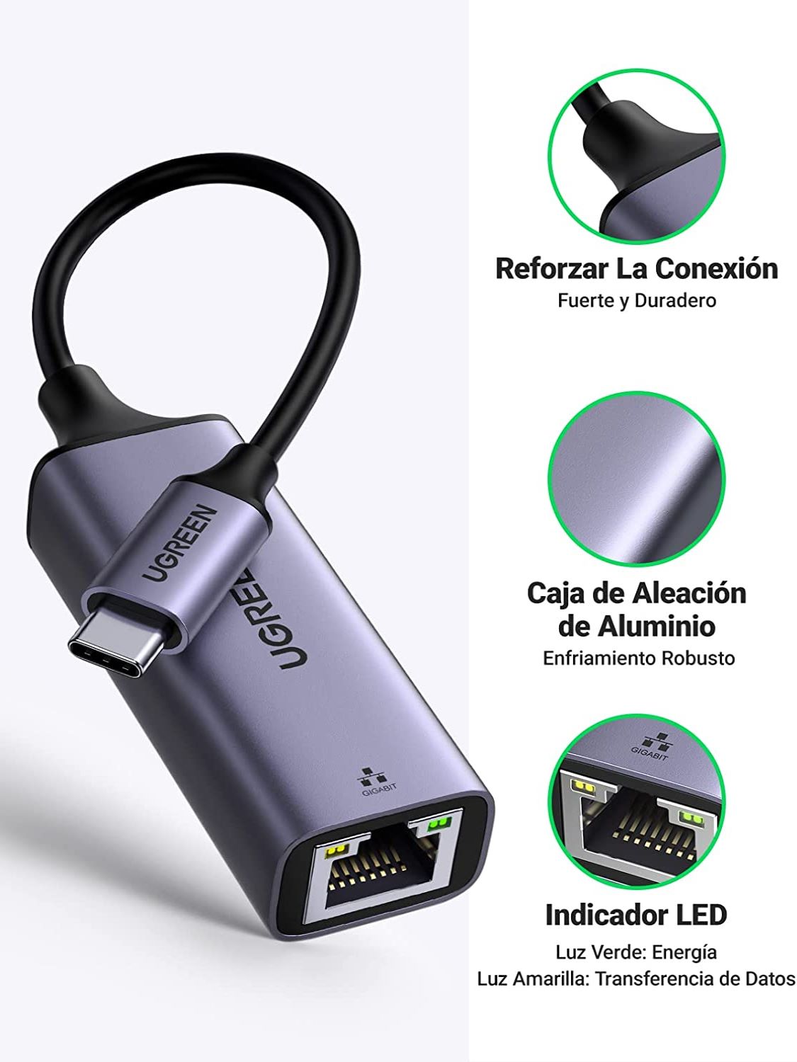 Adaptador de Red USB-C 3.1 (5 Gbps) a RJ45 | Thunderbolt 3 | Admite 10/100/1000 Mbps | Chip Inteligente | Amplia Compatibilidad | Caja de Aluminio |