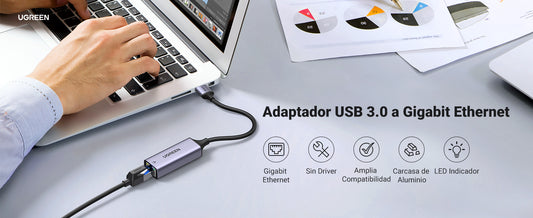 Adaptador de Red USB-A 3.0 a RJ45 /Admite 10/100/1000 Mbps / Caja de Aluminio / Longitud del cable 10 cm