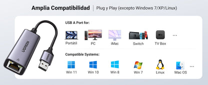 Adaptador de Red USB-A 3.0 a RJ45 /Admite 10/100/1000 Mbps / Caja de Aluminio / Longitud del cable 10 cm