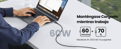 Cable USB-C a USB-C | 1 Metro | Carga Rápida de hasta 60W | Transferencia de datos de 480 Mbps | PD3.0 | QC 4.0/3.0/2.0 | FPC | AFC | Duradero y