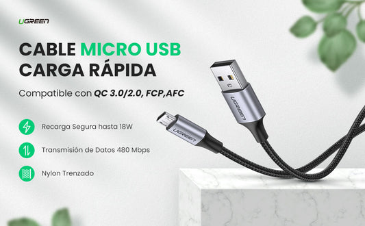 Cable USB-A a Micro USB | 1 Metro (3.28 Pies) | Carga Rápida | QC 3.0/2.0 | FPC | AFC | Transferencia de Datos de 480 Mbps | Recarga hasta 18W |
