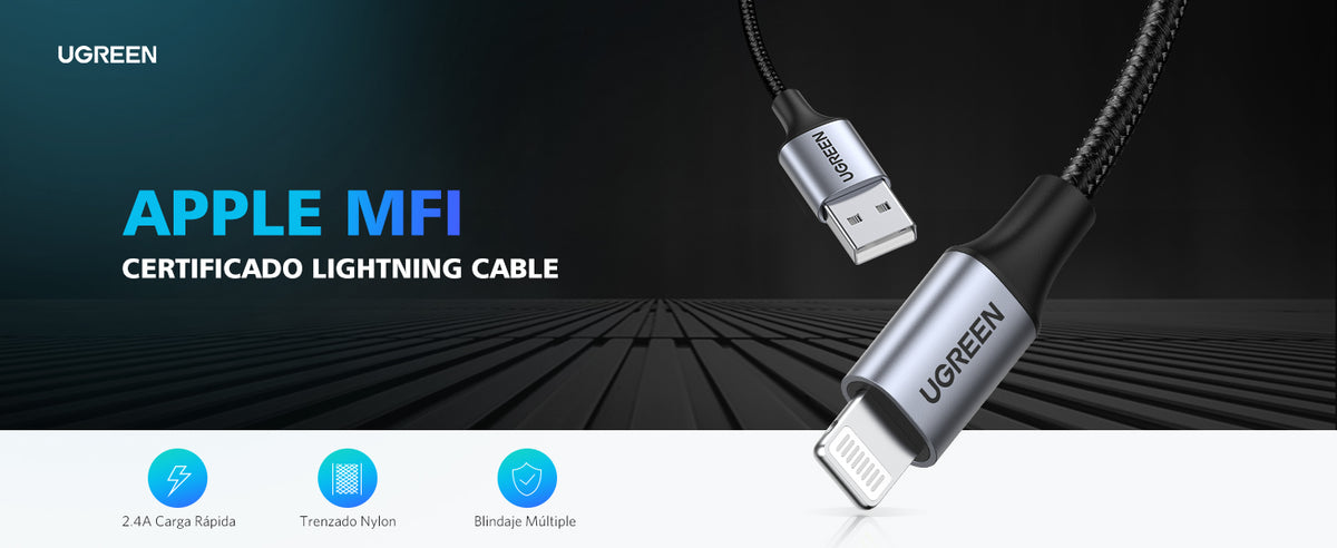 Cable USB-A a Lightning | 1 Metro (3.28 Pies) | Certificado MFi | Carga Rápida 5V/2.4 A | 480 Mbps | Conector C94 | Adecuado para iPhone, iPad y iPod