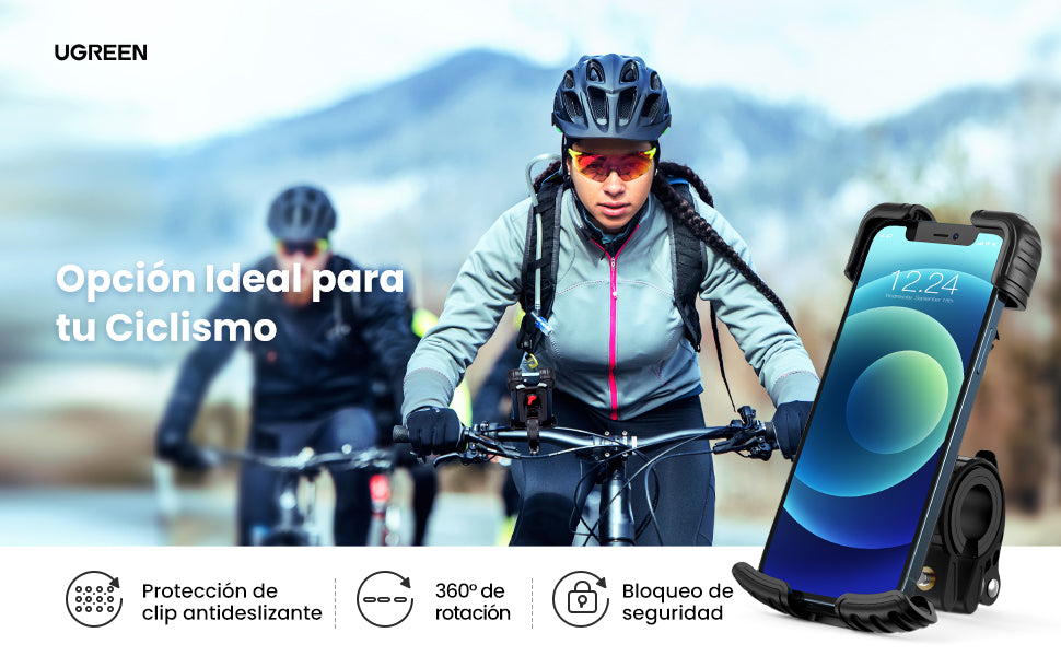 Soporte de Celular para Manillar de Motocicleta o Bicicleta / Anti Vibración / Protección de clip Antideslizante / Rotación de 360° / Bloqueo de