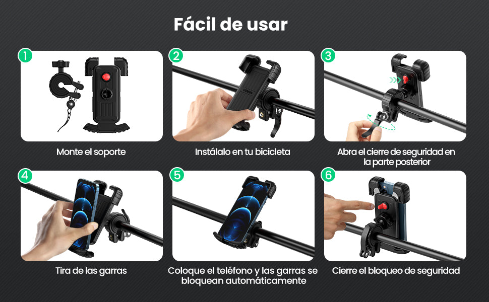 Soporte de Celular para Manillar de Motocicleta o Bicicleta / Anti Vibración / Protección de clip Antideslizante / Rotación de 360° / Bloqueo de