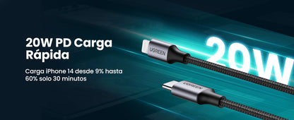Cable USB-C a Lightning | 2 Metros (6.56 Pies) | Certificado MFi | Carga Rápida 60W | 480 Mbps | Conector C94 | Adecuado para iPhone, iPad y iPod |