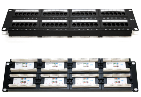 Panel de Parcheo de Impacto (110) UTP de 48 Puertos Cat6, 19 Pulgadas (48.26 cm), 2U, con Barra para Organizar Cable