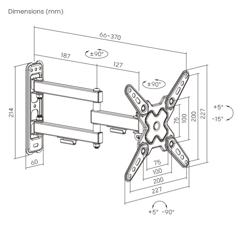 Soporte de Pared Articulado para Pantallas o Monitores | Compatibilidad VESA 75x75 - 200x200 / Hasta 43 Pulgadas | Capacidad Máxima de Carga 20 kg |