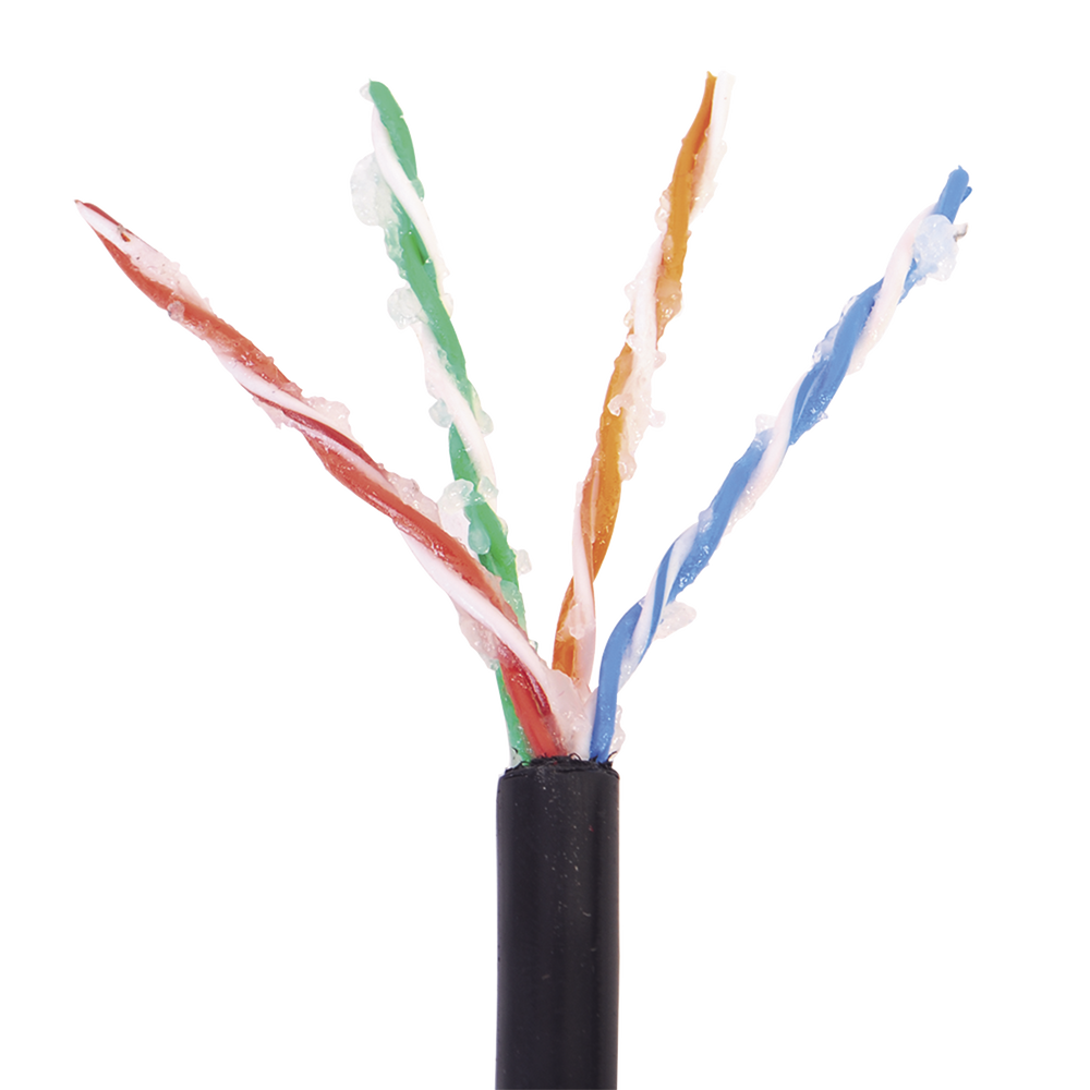 Bobina de 305 Metros (1000 Pies) Cat5e con Gel para Exterior, Color Negro, para Aplicaciones en Sistemas de Redes de Datos y Cableado Estructurado.