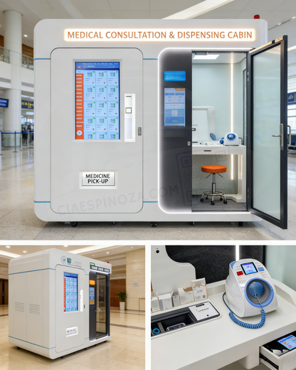 Cabina Médica Inteligente All-in-One: Kiosco de Telemedicina, Exámenes Clínicos y Farmacia Automática 24/7