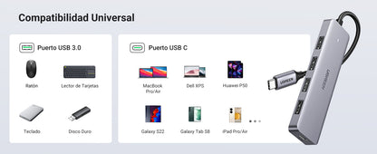 HUB USB-C 3.0 4 EN 1 | 4 Puertos USB-A (5Gbps) | Carcasa ABS + PC | Soporta OTG | Luz Indicadora LED | Compatible con iPhone 15 Pro MAX) | Interfaz
