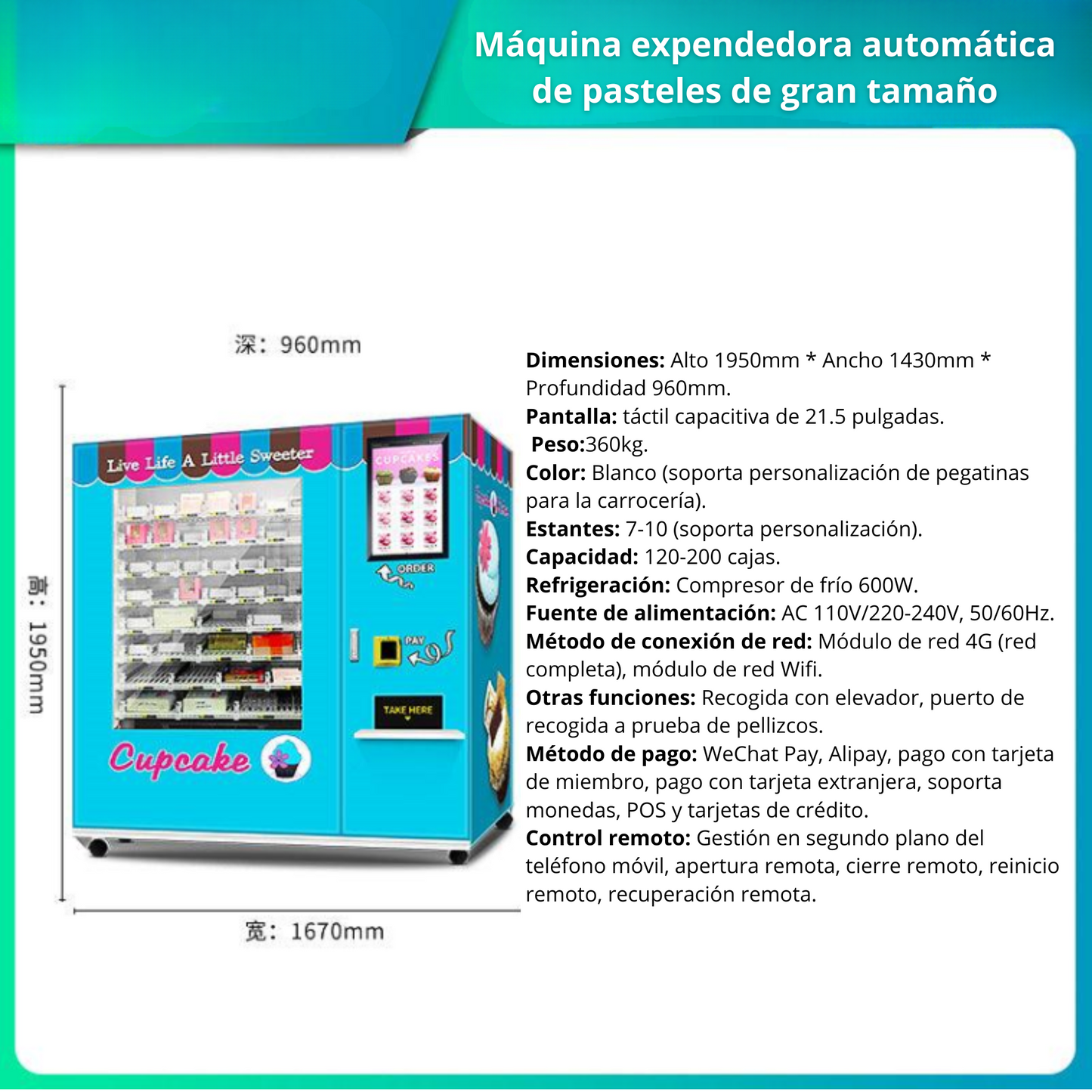 Maquina expendedora de pasteles y postres, máquina expendedora de autoservicio las 24 horas, máquina expendedora de pastelillos con pantalla táctil de 21,5 pulgadas