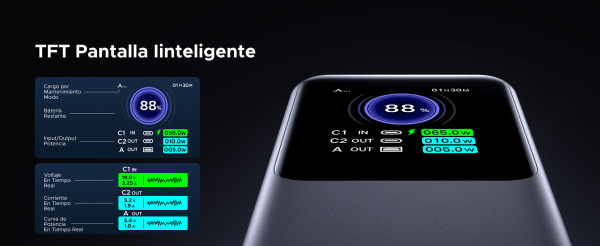 Power Bank de 20000mAh | 3 Salidas 130W Max. | USB-A + 2 USB-C | PD 3.0 | QC3.0 | FCP | SCP | Pantalla Inteligente | Carcasa Ignifuga | Color Gris |