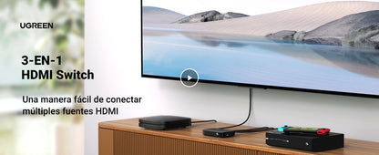 Conmutador HDMI (Switch) 4K@30Hz | 3 Entradas a 1 Salida | 3D | Transmisión Estable | Incluye Control Remoto | Receptor de Infrarrojos | Indicador