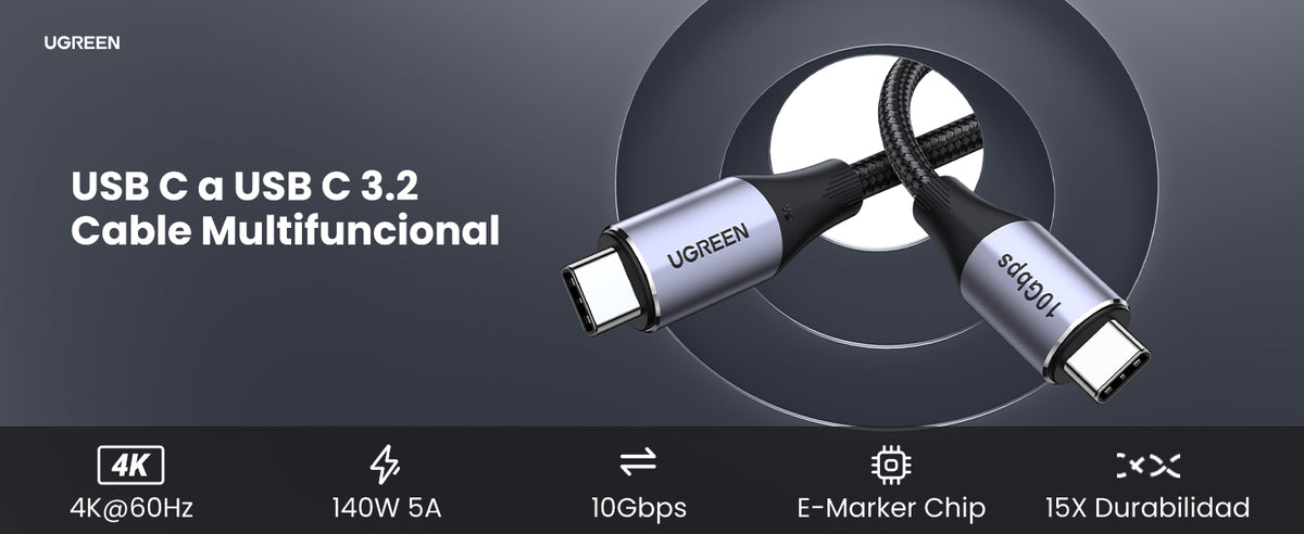 Cable USB-C a USB-C 3.2 Thunderbolt | 1 Metro | 240W | 10 Gbps | 480 Mbps | Soporta Video 4K@60Hz| Chip E-Market Inteligente | Carcasa de Aluminio |