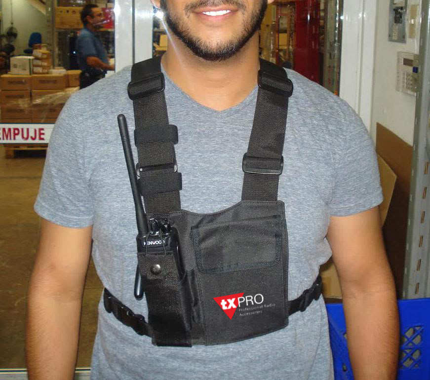 Pechera Universal con soporte para radio, sostén de bolígrafo y seguridad para la bolsa con cinta adherente. Logo TX-PRO