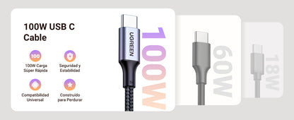 Cable USB-C a USB-C | 2 Metros | Carga Rápida de hasta 100W | Transferencia de datos 480 Mbps | PD3.0 | QC4.0/3.0/2.0 | FPC | AFC | Protección