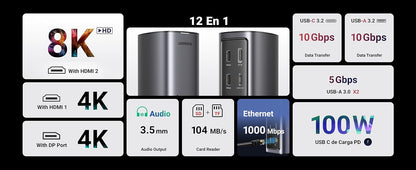HUB USB-C (Docking Revodok Pro) 12 en 1 | 2 USB-A 3.0 | 1 USB-C PD Carga 100W | 1 USB-A 3.1 | 1 USB-C 3.1 | HDMI 4K | HDMI 8K Ultra HD | Display Port