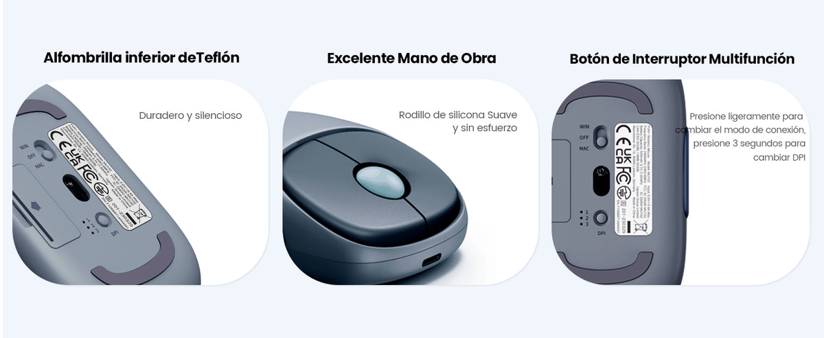 Mouse Inalámbrico FUN | Recargable| 2.4G & Bluetooth | 4 Niveles de DPI | Silencioso | Ergonómico | 5 Botones | Compatible con Windows, macOS 10.5