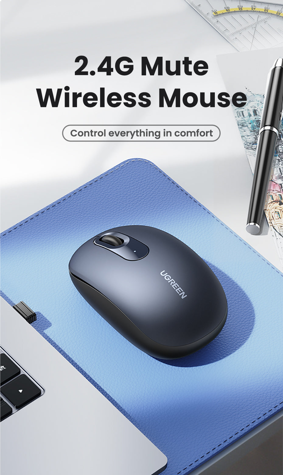 Mouse Inalámbrico 2.4G 800/1200/1600/2400 DPI | Función de 3 botones | Alcance 10m | Silencioso | Ergonómico | Anti-caída y Anti-interferencias |
