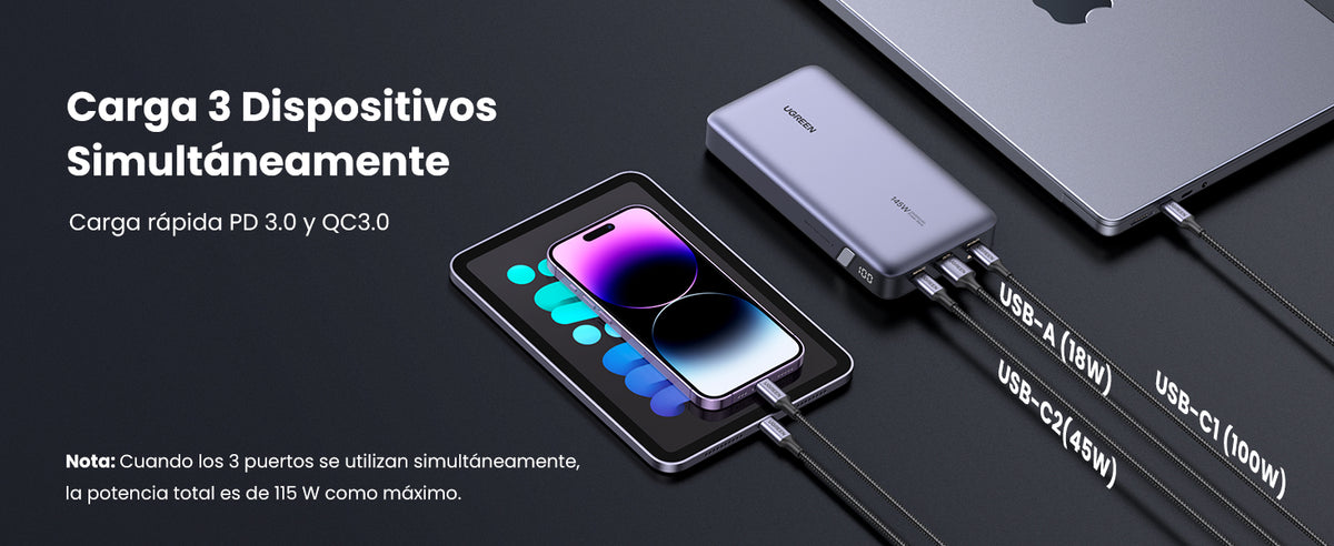 Power Bank de 25000mAh | 3 Salidas 145W Max. | USB-A + 2 USB-C | PD 3.0, QC3.0 | FCP | SCP | Pantalla Inteligente | Carcasa Ignifuga | Color Gris |