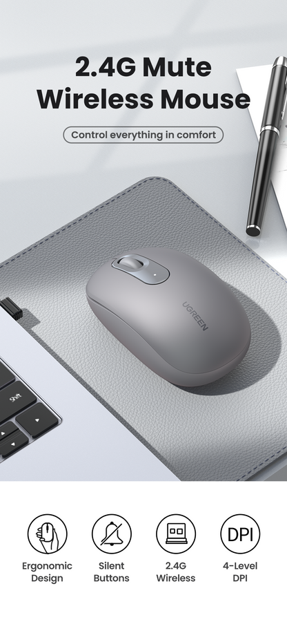 Mouse Inalámbrico 2.4G 800/1200/1600/2400 DPI | Función de 3 botones | Alcance 10m | Silencioso | Ergonómico | Anti-caída y Anti-interferencias |