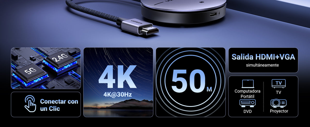 Transmisor y Receptor Inalámbrico HDMI / 4K@30Hz / 50m (164 ft) Alcance / Salida HDMI y VGA Simultánea / Audio 3.5mm / Plug & Play / USB-C / Banda 5