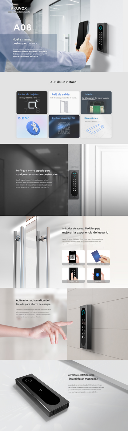 Control de Acceso Slim Akuvox A08S / Aluminio y Vidrio Templado / IP65 & IK09 / Capacidad para 20,000 Tarjetas / Métodos de Acceso Multi (QR