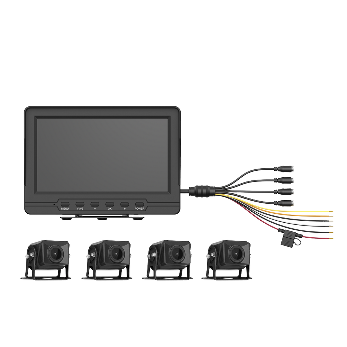 Sistema de Monitoreo Local / 4 Cámaras 1080p para Exterior (IP68) y Pantalla LCD de 7" a Color / Soporta Memoria Micro SD Hasta 512 GB / Soporta