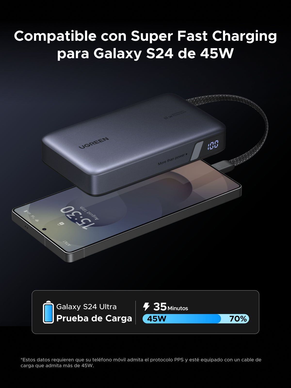 Power Bank 20000mAh con Cable Integrado / Carga Rápida 100W / USB-C PD 3.0 / 4 Celdas Li-ion / 72Wh / Carga Múltiple 145W / Compacto 139x80x27mm