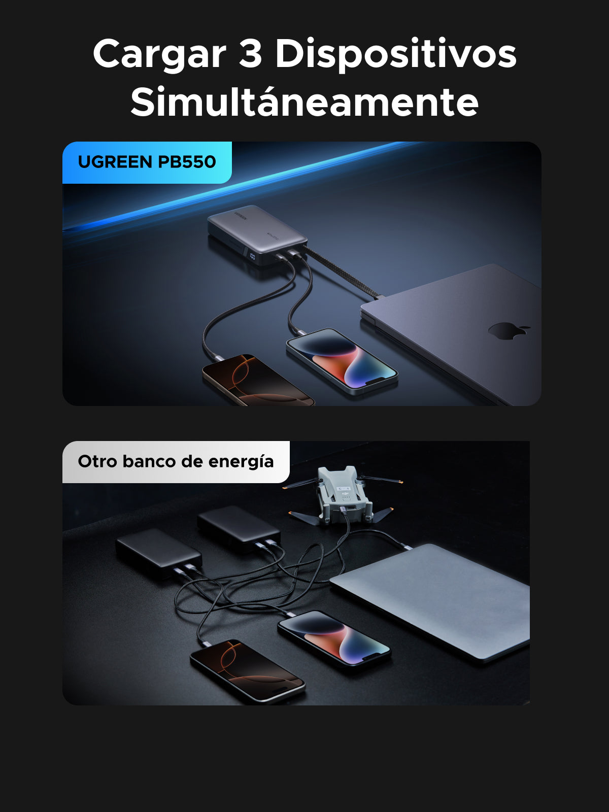 Power Bank 20000mAh con Cable Integrado / Carga Rápida 100W / USB-C PD 3.0 / 4 Celdas Li-ion / 72Wh / Carga Múltiple 145W / Compacto 139x80x27mm