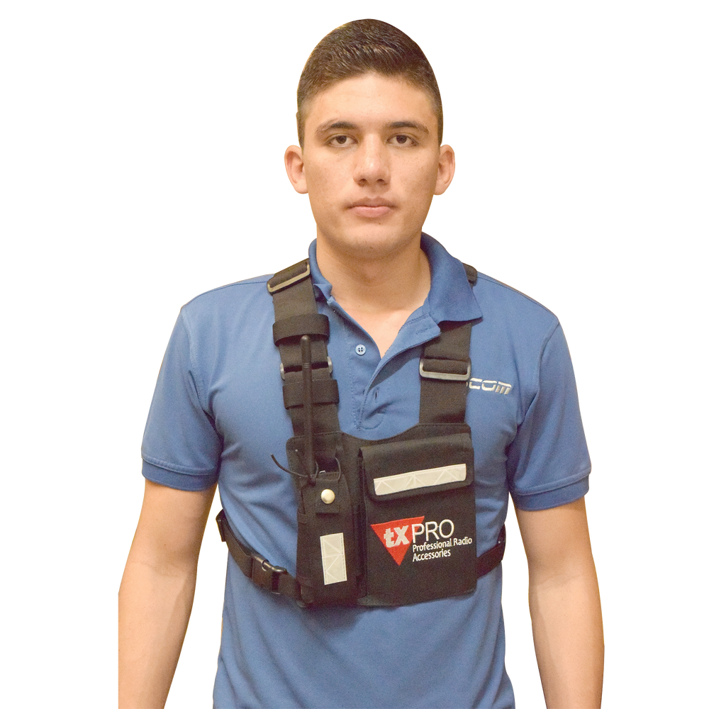 Pechera Universal con soporte para radio, sostén de bolígrafo y seguridad para la bolsa con cinta adherente. Logo TX-PRO