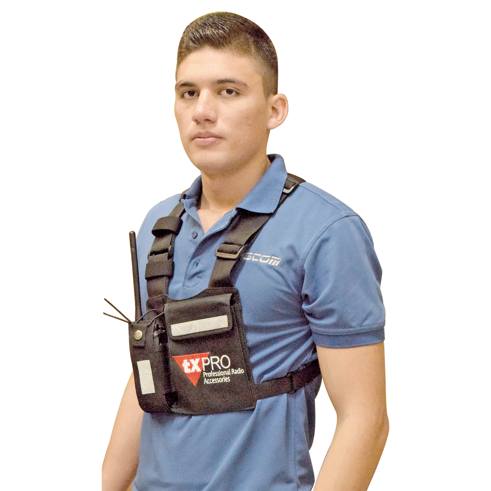Pechera Universal con soporte para radio, sostén de bolígrafo y seguridad para la bolsa con cinta adherente. Logo TX-PRO