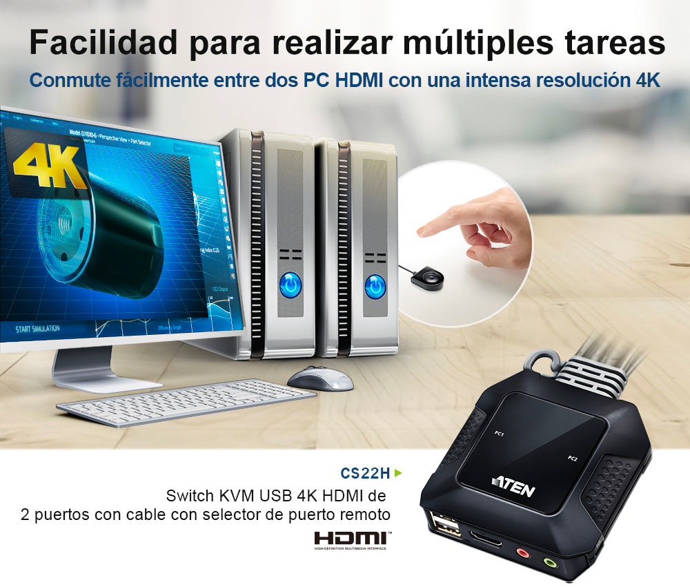 Conmutador KVM con cable HDMI 4K USB de 2 puertos con selector de puerto remoto | 4096x2160 @ 60Hz (4K DCI) | HDCP 2.2 | Jack 3.5mm (Audio/Micrófono)