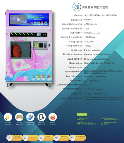 Maquina Expendedora Automatica de Detergente Líquido - 6 Salidas para Lavanderías o venta a Granel