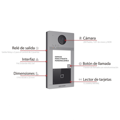 Videoportero IP 2 Megapixel / Llamada y Apertura Remota desde App Hik-Connect (Requiere monitor )/ PoE / Exterior IP65 + Antivandalico IK08 / 4