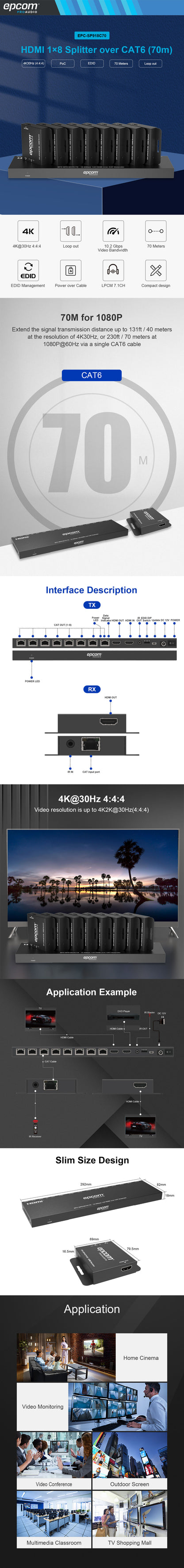 Splitter HDMI 1x8 | Extensor HDMI | 4K@30Hz 40m | 1080p@60Hz 70m | Función PoC | 4:4:4