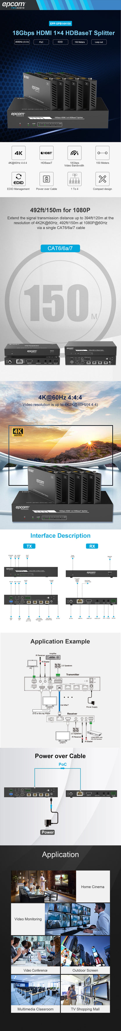 Splitter mas Extensor de Video | 1x4 | ProAV | HDBaseT™ | 120m en 4K@60Hz | 150m en 1080p@60Hz | Cat6/6a/7 | Gestión Avanzada EDID | Control IR y
