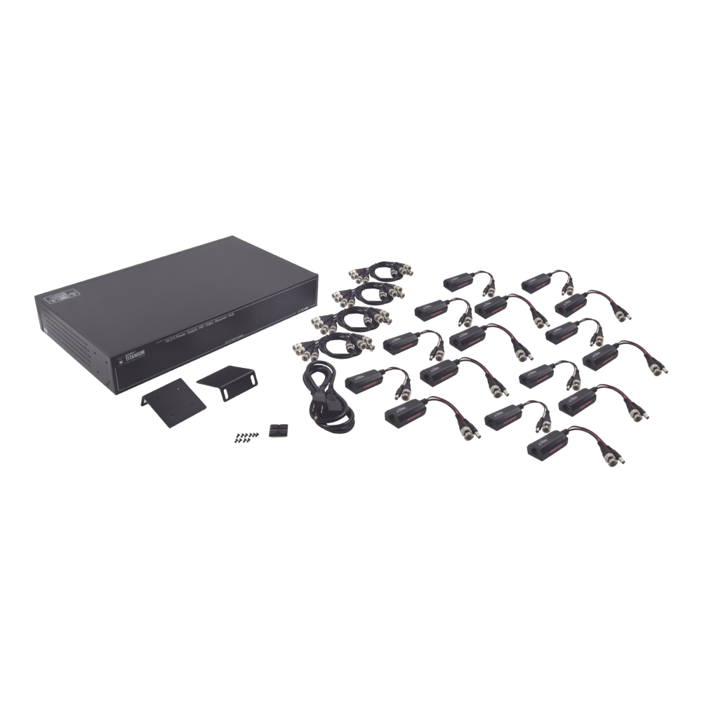 Kit de TRANSCEPTOR ACTIVO DE 16 Canales / VIDEO+PODER en un solo Cable UTP / 150m en 4K, 200m en 5 MP/ Envía 36 Vcc y recibe 12 Vcc / TODO INCLUIDO