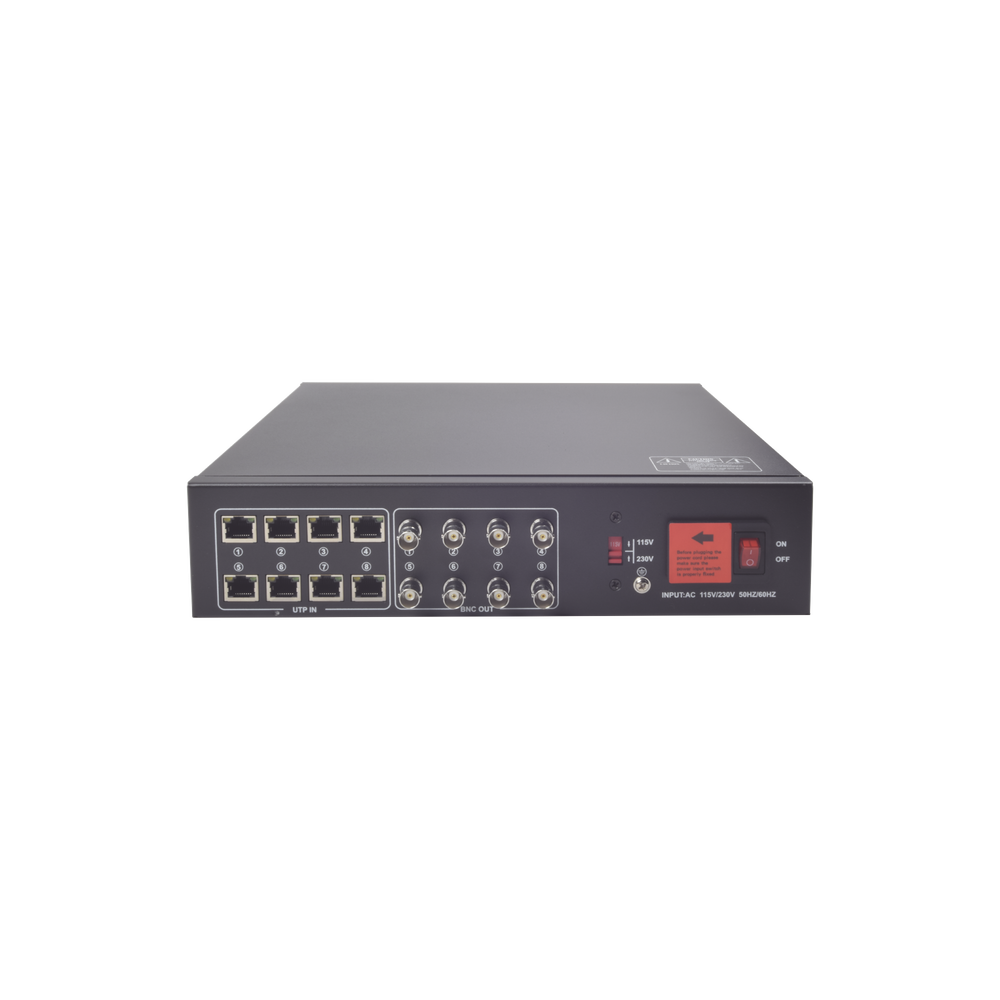 Kit de TRANSCEPTOR ACTIVO DE 8 CANALES / VIDEO+PODER en un solo Cable UTP / 150 metros en 4K, 200 metros en 5 MP/ Envía 36 Vcc y Recibe 12 Vcc / TODO