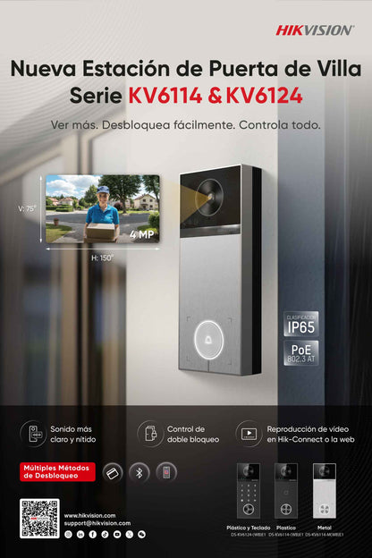 Videoportero TalkVu / 4 Megapixel / Ángulo de Visión 150° / Control de 2 Cerraduras / Desbloqueo por Tarjeta, Hik-Connect y Estación Interior / IP65
