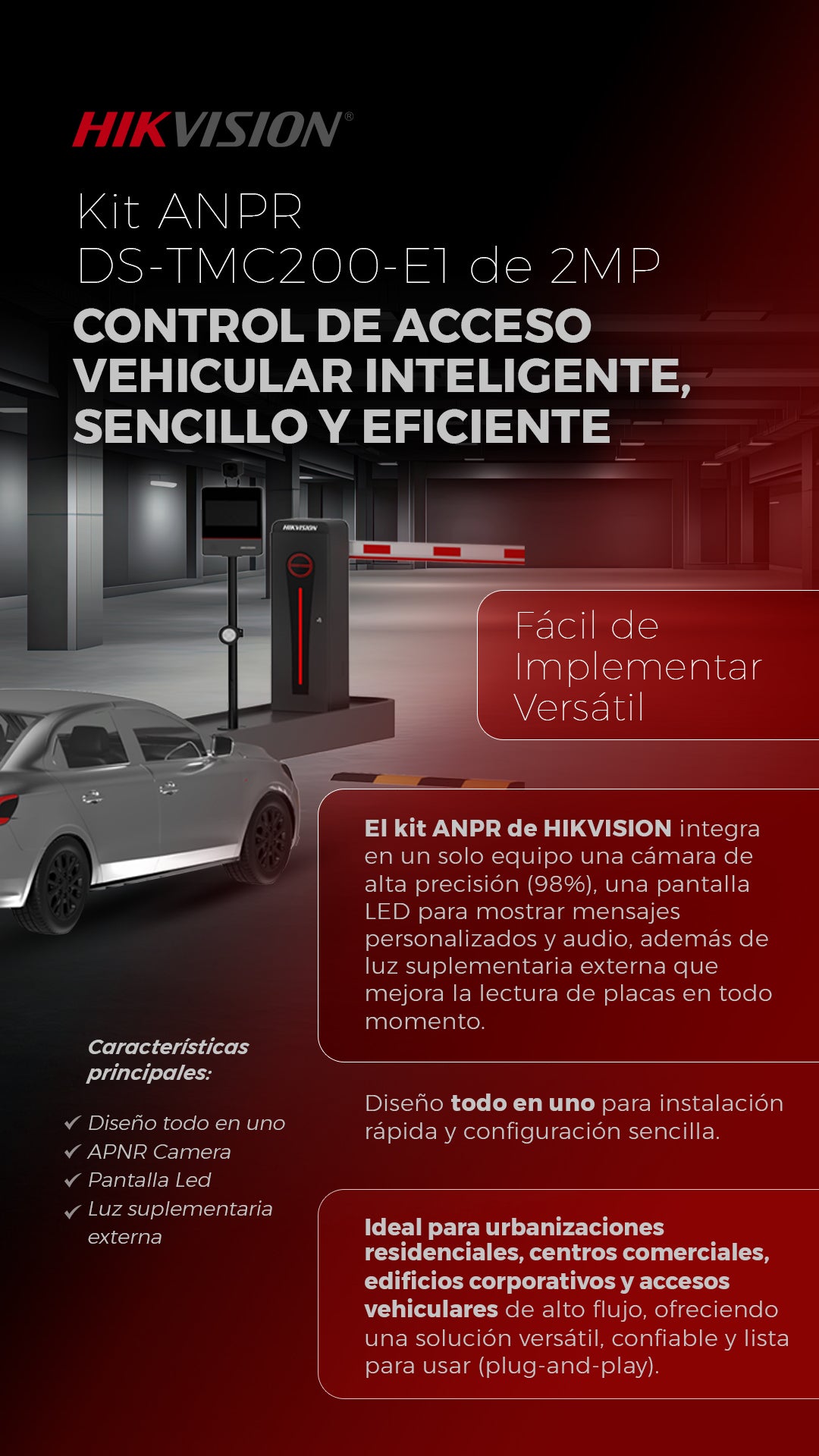 Kit ANPR / Cámara IP 2 Megapixel para Control de Acceso / Luz de Relleno Blanca + Pantalla de Visualización / Lente Motorizado 3.1 a 6 mm / Detección