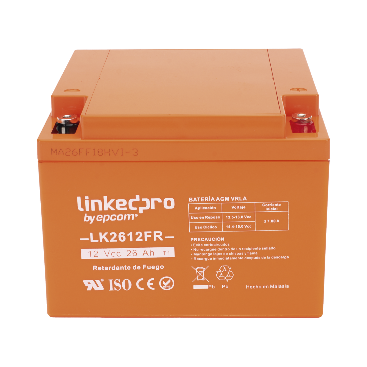 Batería de respaldo 12 V| 26 Ah | AGM | Certificada UL94-V0 Retardante a la Flama | Especial para Seguridad Electrónica | UPS | Sistemas de