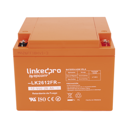 Batería de respaldo 12 V| 26 Ah | AGM | Certificada UL94-V0 Retardante a la Flama | Especial para Seguridad Electrónica | UPS | Sistemas de