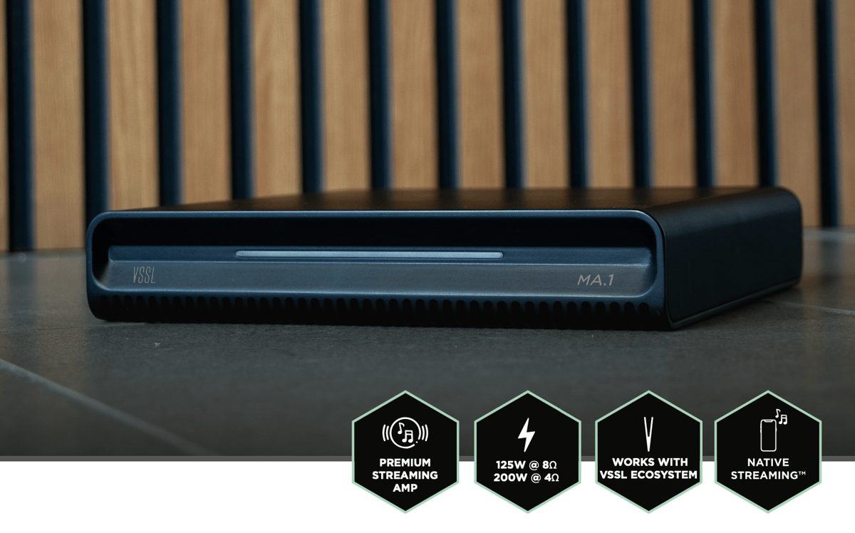 Amplificador de Audio Streaming VSSL MA1 125W Clase D | 2 Canales | AirPlay 2 + Google Cast | Bluetooth 5.3 | HDMI eARC | Cable Óptico Toslink 4.6 m