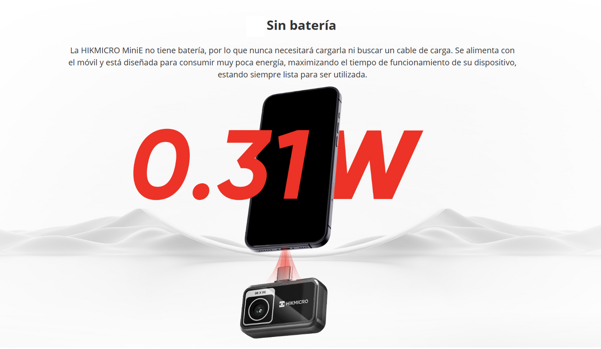 MiniE - Cámara Termográfica para Smartphone / Resolución IR 96 x 96 (9,216 píxeles) / SuperIR / Rango de -20°C a 400°C / Precisión ±2°C o ±2%