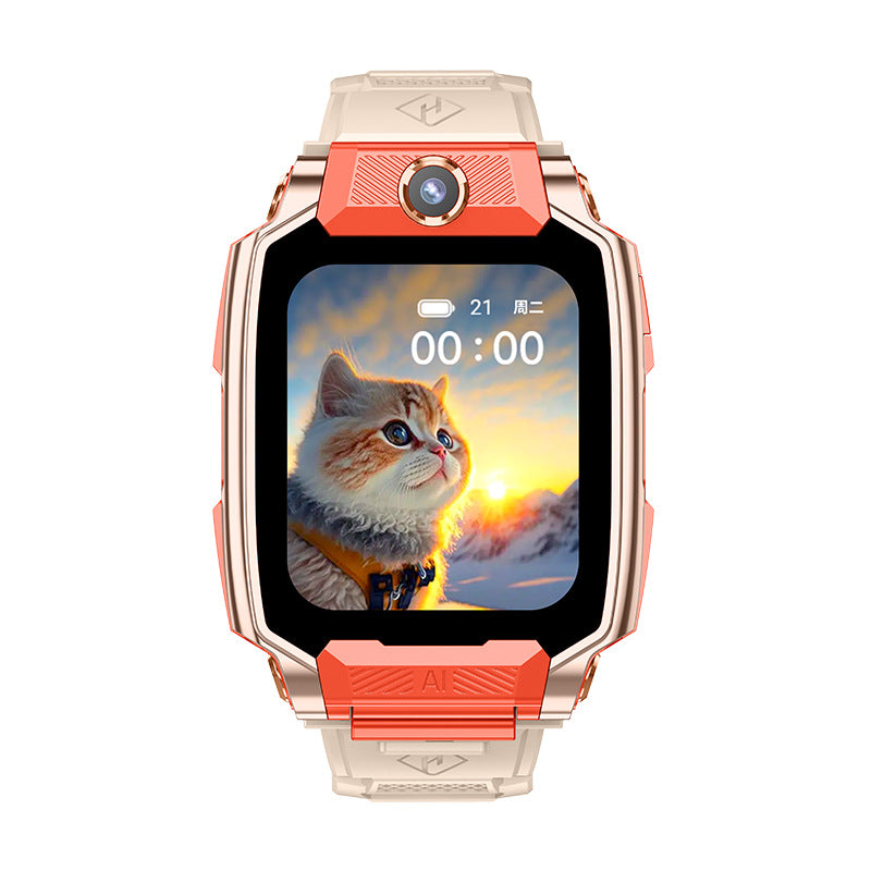 Reloj inteligente infantil C90 color naranja con pantalla táctil mostrando un gato, cámara frontal y correa de silicona.